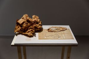 Nesrine Khodr, _Sculptured Decompositions_ (2019–2023). Aged topographical map, soft cardboard, glass with resin, fired clay, fallen paint, nail polish, potato stain on cardboard. 70 x 50 cm. Exhibition view: Taipei Biennial 2023: _Small World_ (18 November 2023–24 March 2024). Courtesy Taipei Fine Arts Museum.